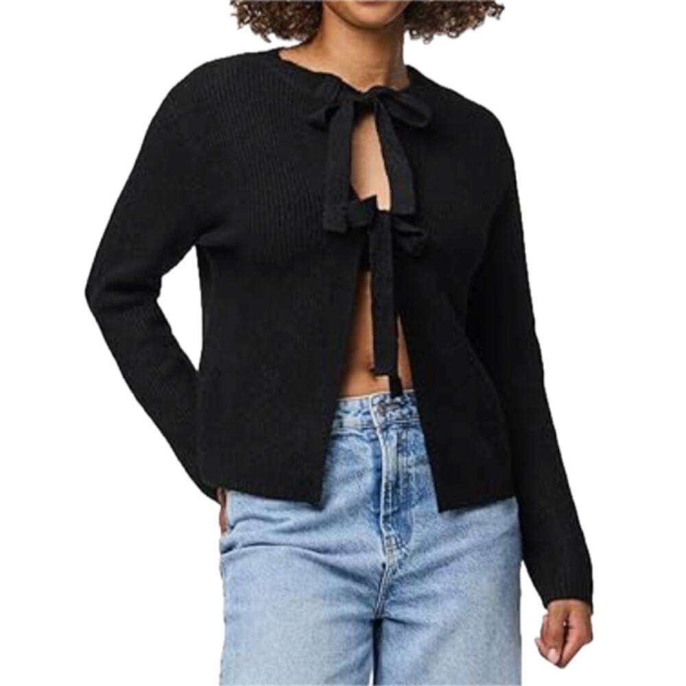 Pieces ASOS Black Ribbed Reversible Tie Front Knit Cardigan Sweater Plus Size 2X